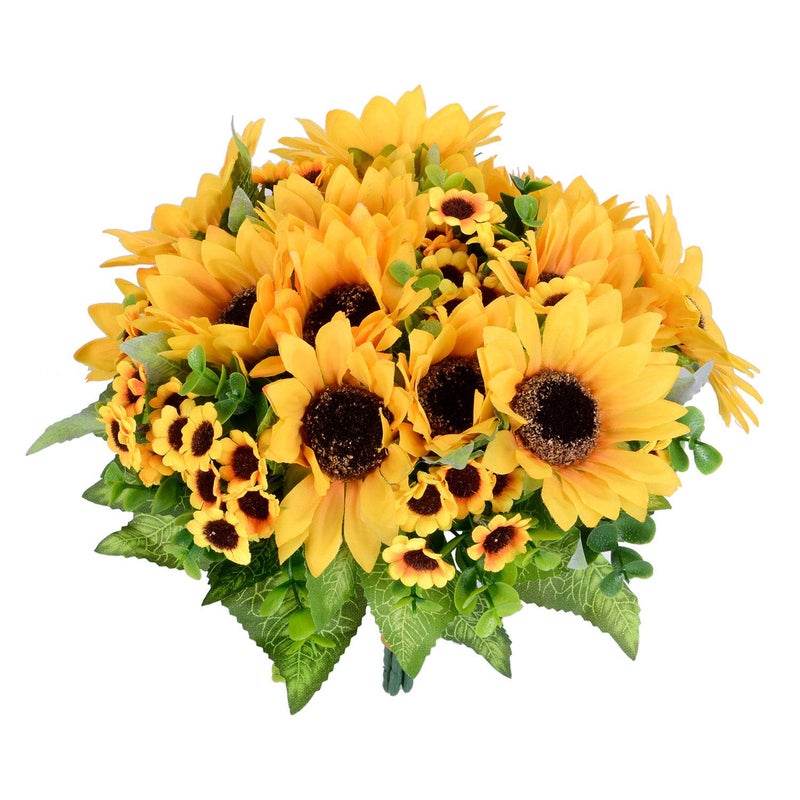 Lvydec Artificial Sunflower Bouquet, 2 Bunches Silk Sunflowers Fake Yellow Flowers for Home Decoration Wedding Decor (2 Pack) - Image 1